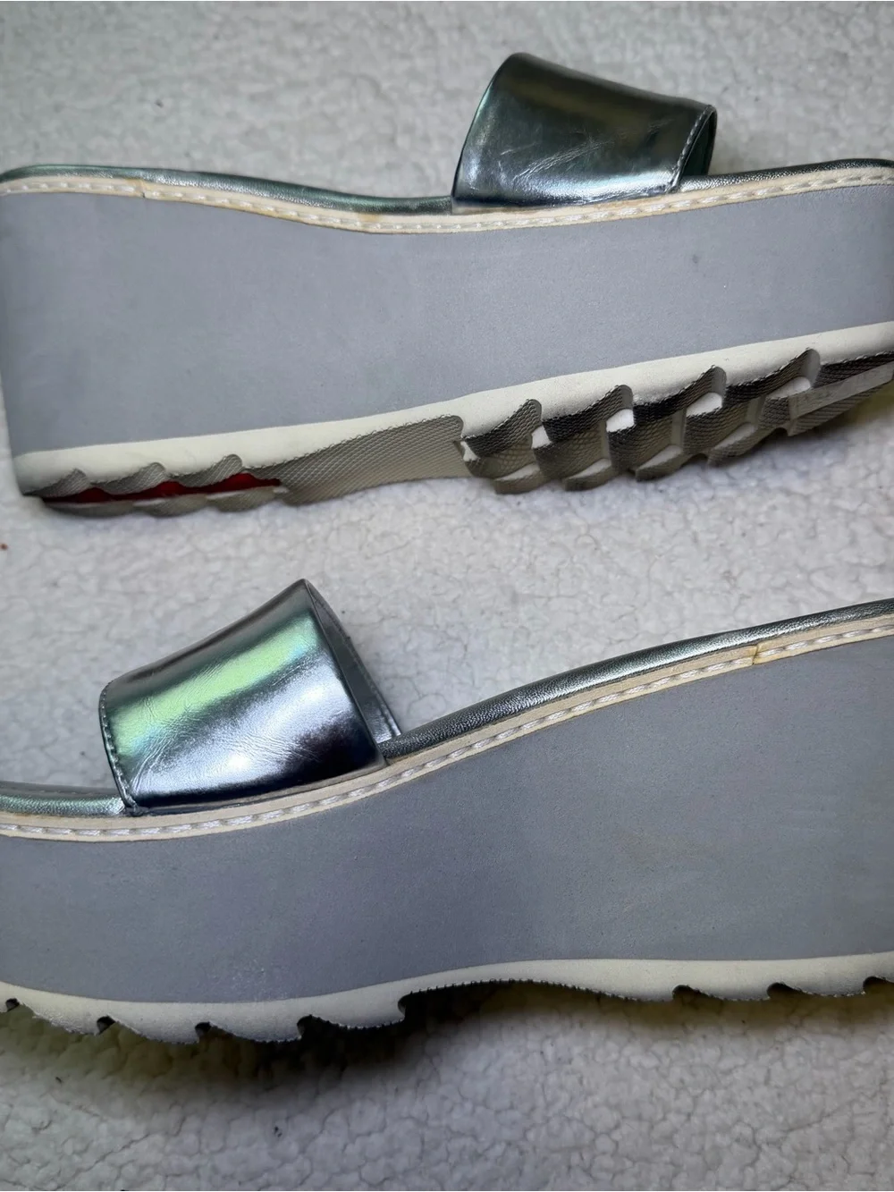 Authentic Vintage PRADA Silver  Leather Wedge Sandals Platform Slide 37.5